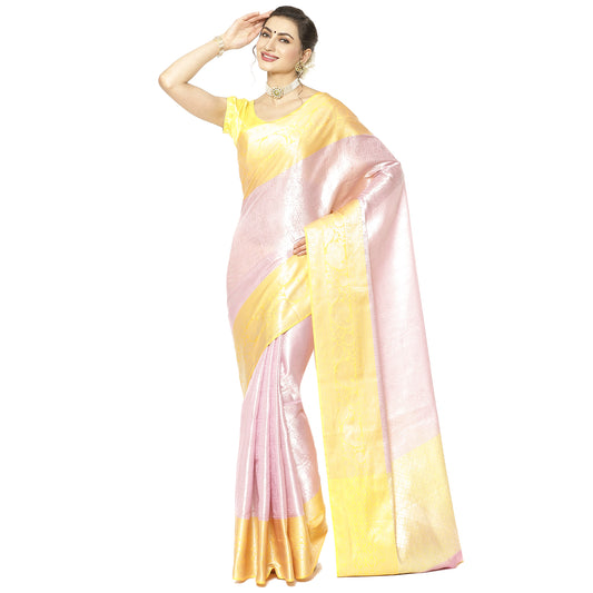 Faishana Presents Pink Silver Zari Kanchi Silk Tanchoi Brocade Contrast Gold Skirt Meena Border Banarasi Saree