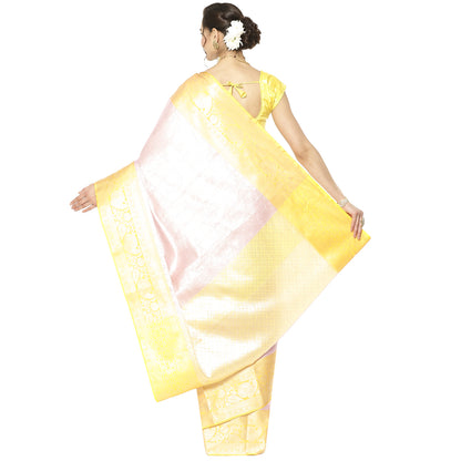 Faishana Presents Pink Silver Zari Kanchi Silk Tanchoi Brocade Contrast Gold Skirt Meena Border Banarasi Saree