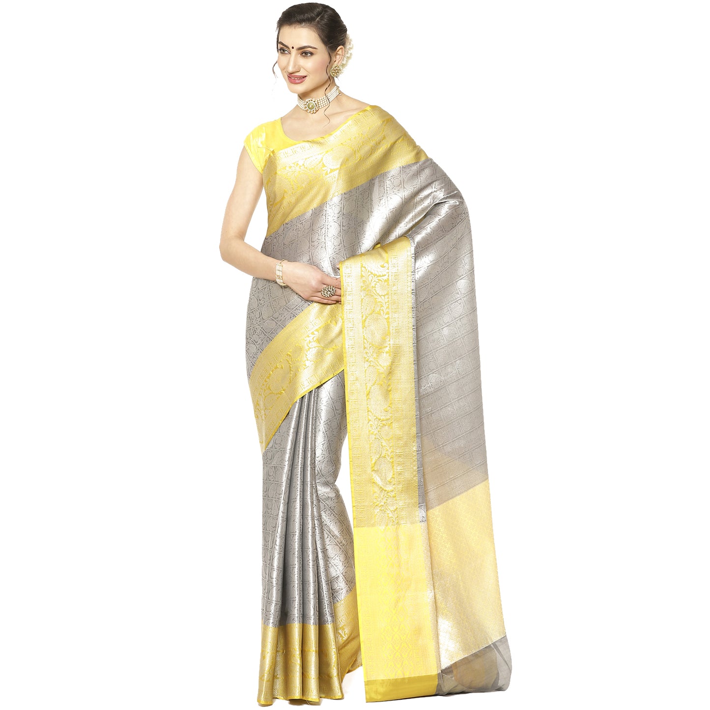 Faishana Presents Grey Silver Zari Kanchi Silk Tanchoi Brocade Contrast Gold Skirt Meena Border Banarasi Saree