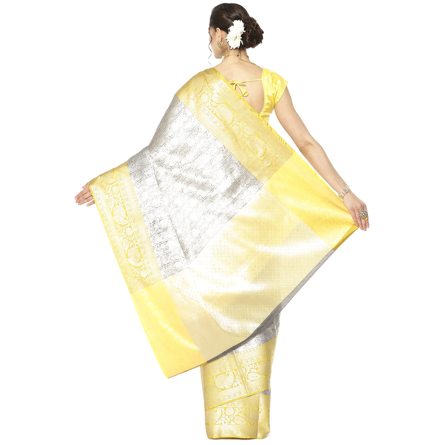 Faishana Presents Grey Silver Zari Kanchi Silk Tanchoi Brocade Contrast Gold Skirt Meena Border Banarasi Saree