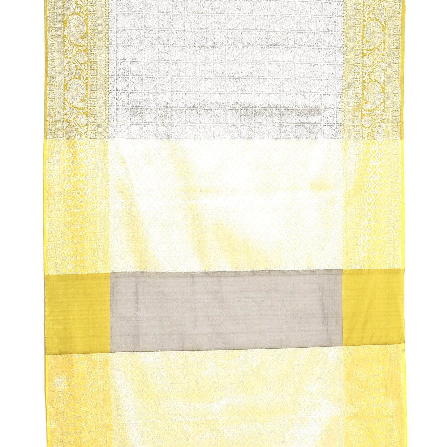 Faishana Presents Grey Silver Zari Kanchi Silk Tanchoi Brocade Contrast Gold Skirt Meena Border Banarasi Saree