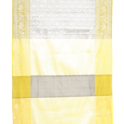 Faishana Presents Grey Silver Zari Kanchi Silk Tanchoi Brocade Contrast Gold Skirt Meena Border Banarasi Saree