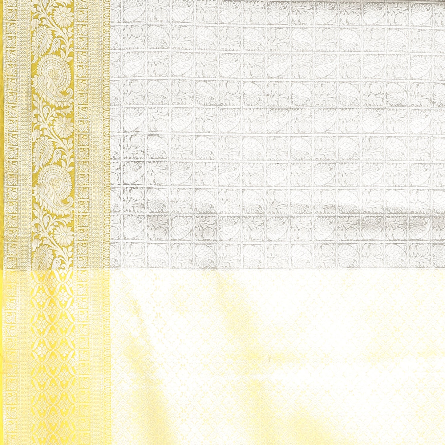 Faishana Presents Grey Silver Zari Kanchi Silk Tanchoi Brocade Contrast Gold Skirt Meena Border Banarasi Saree