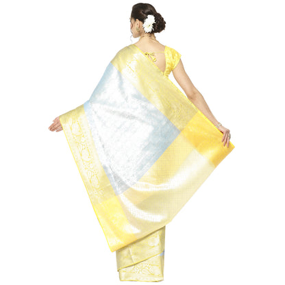 Faishana Presents Blue Silver Zari Kanchi Silk Tanchoi Brocade Contrast Gold Skirt Meena Border Banarasi Saree