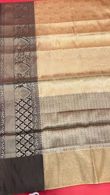 Faishana Presents Beige Silver Zari Kanchi Silk Tanchoi Brocade Contrast Black Skirt Meena Border Banarasi Saree
