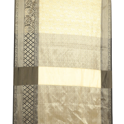 Faishana Presents Beige Silver Zari Kanchi Silk Tanchoi Brocade Contrast Black Skirt Meena Border Banarasi Saree