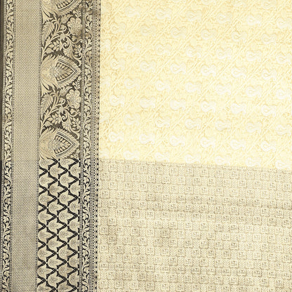Faishana Presents Beige Silver Zari Kanchi Silk Tanchoi Brocade Contrast Black Skirt Meena Border Banarasi Saree