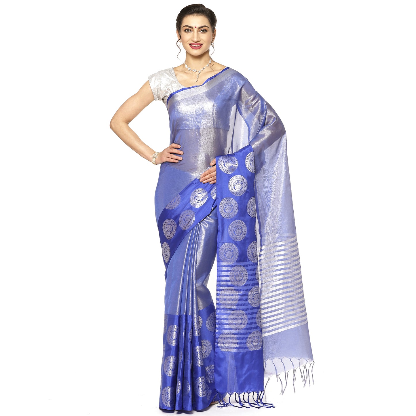 Faishana Presents Blue Silver Zari Glass Tissue Tanchoi Contrast Large Border Banarasi Saree
