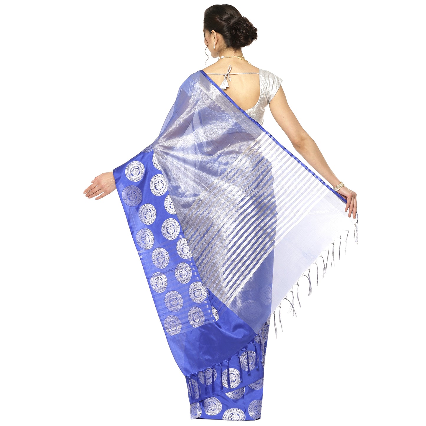 Faishana Presents Blue Silver Zari Glass Tissue Tanchoi Contrast Large Border Banarasi Saree