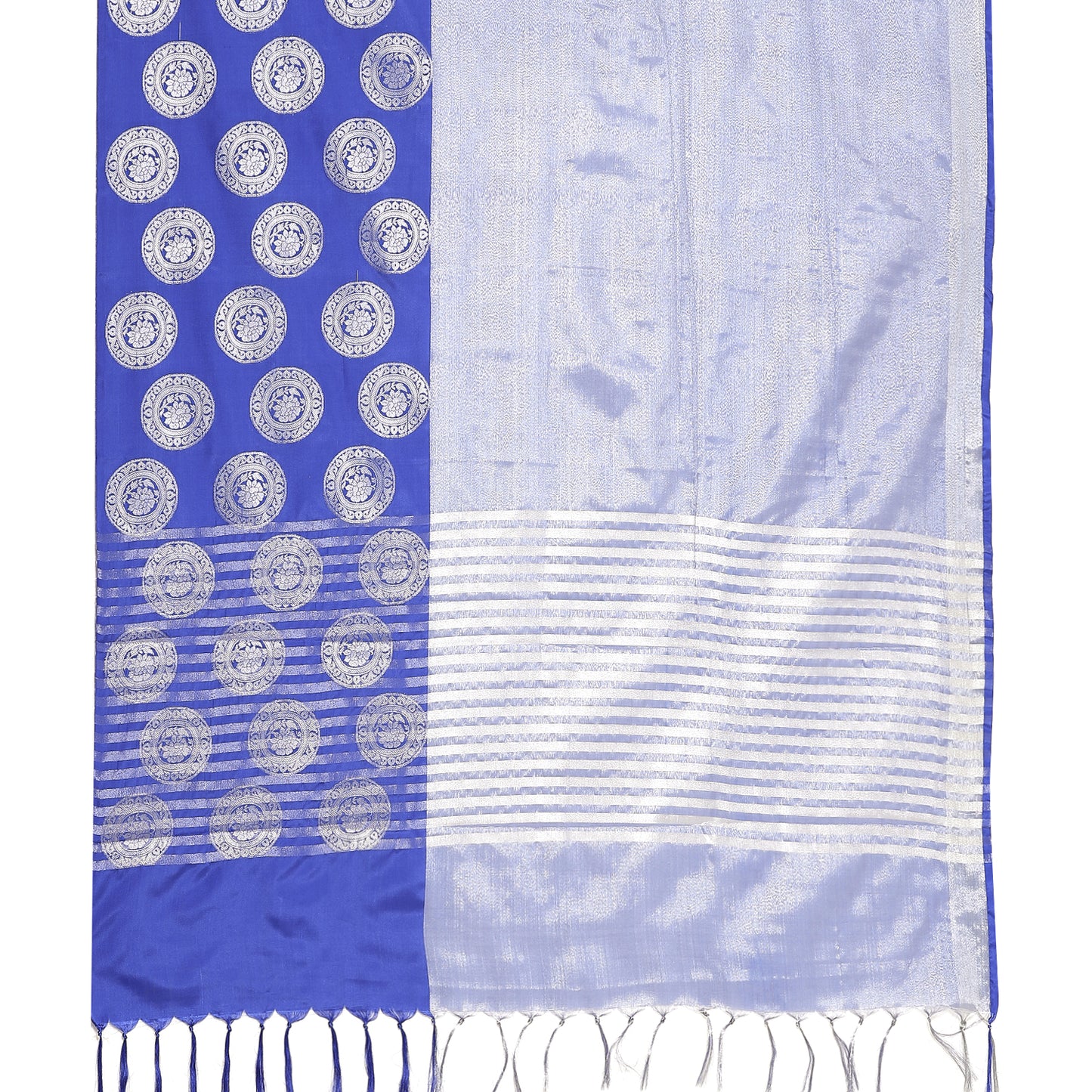 Faishana Presents Blue Silver Zari Glass Tissue Tanchoi Contrast Large Border Banarasi Saree