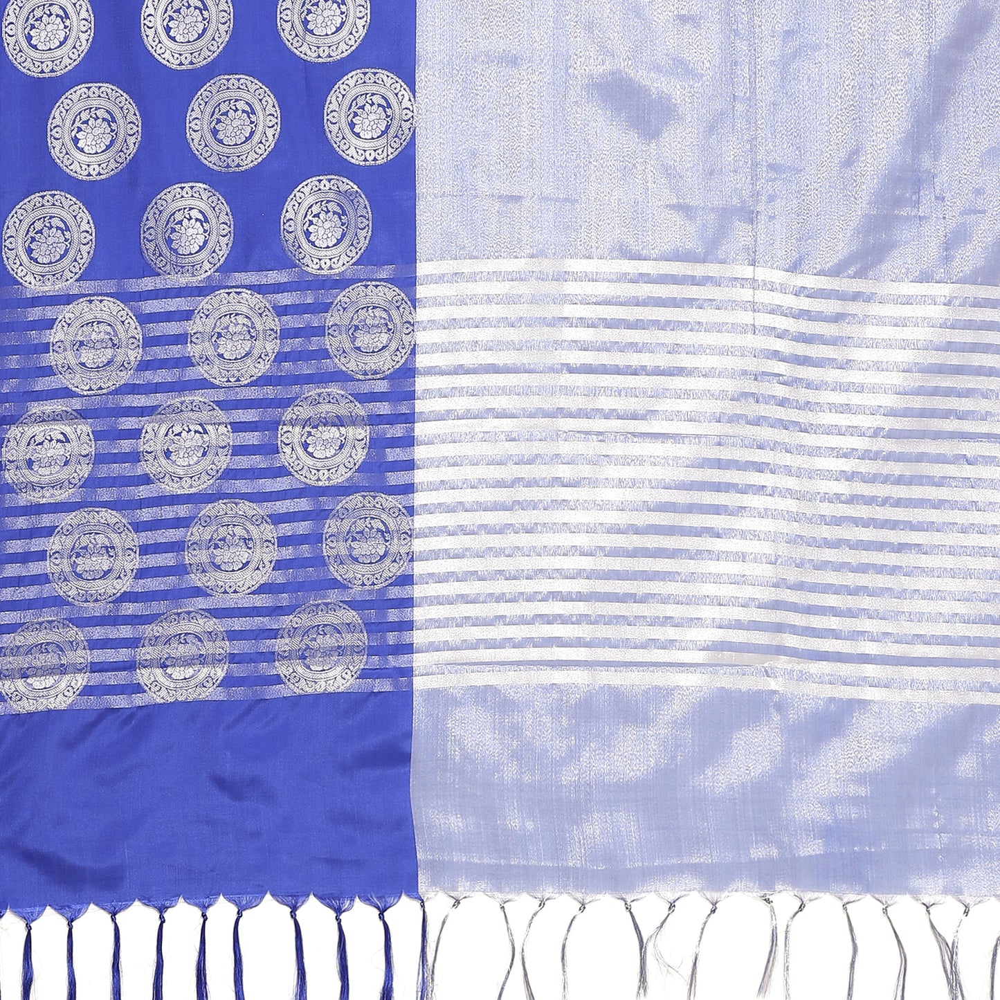 Faishana Presents Blue Silver Zari Glass Tissue Tanchoi Contrast Large Border Banarasi Saree