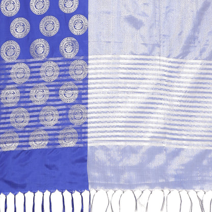 Faishana Presents Blue Silver Zari Glass Tissue Tanchoi Contrast Large Border Banarasi Saree