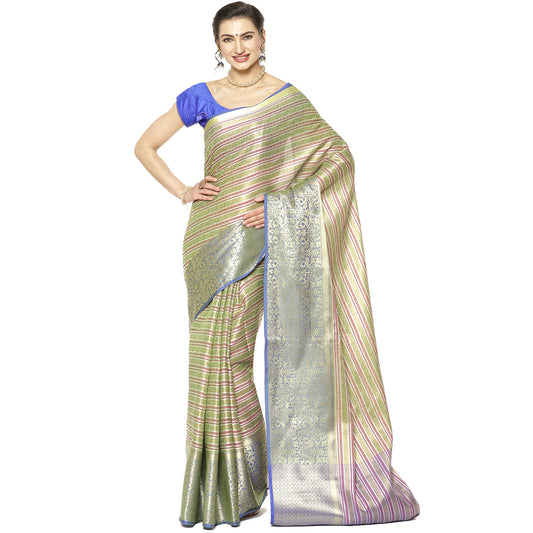 Faishana Presents Green Zari Strip Kanchi Silk Tanchoi Brocade Contrast Torqouise Blue Skirt Border Banarasi Saree