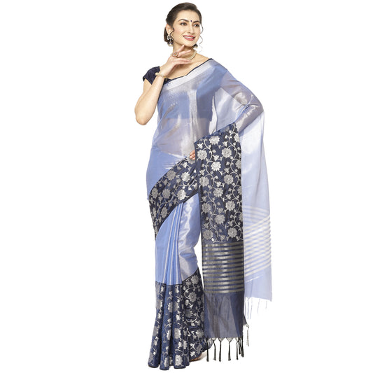 Faishana Presents Lavender Silver Zari Glass Tissue Tanchoi Contrast Large Border Banarasi Saree