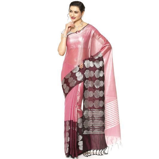 Faishana Presents Burgundy Silver Zari Glass Tissue Tanchoi Contrast Large Border Banarasi Saree