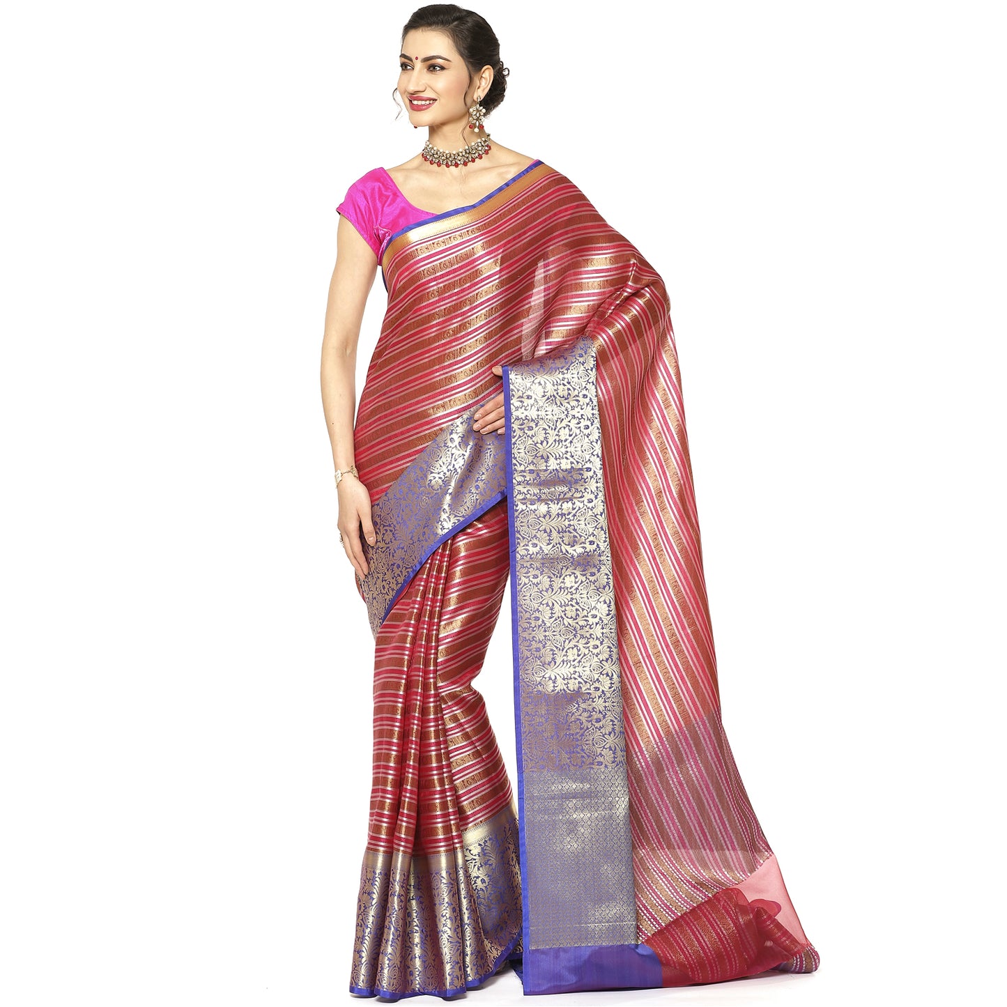 Faishana Presents Red Zari Strip Kanchi Silk Tanchoi Brocade Contrast Purple Skirt Border Banarasi Saree