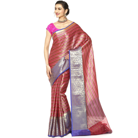 Faishana Presents Red Zari Strip Kanchi Silk Tanchoi Brocade Contrast Purple Skirt Border Banarasi Saree