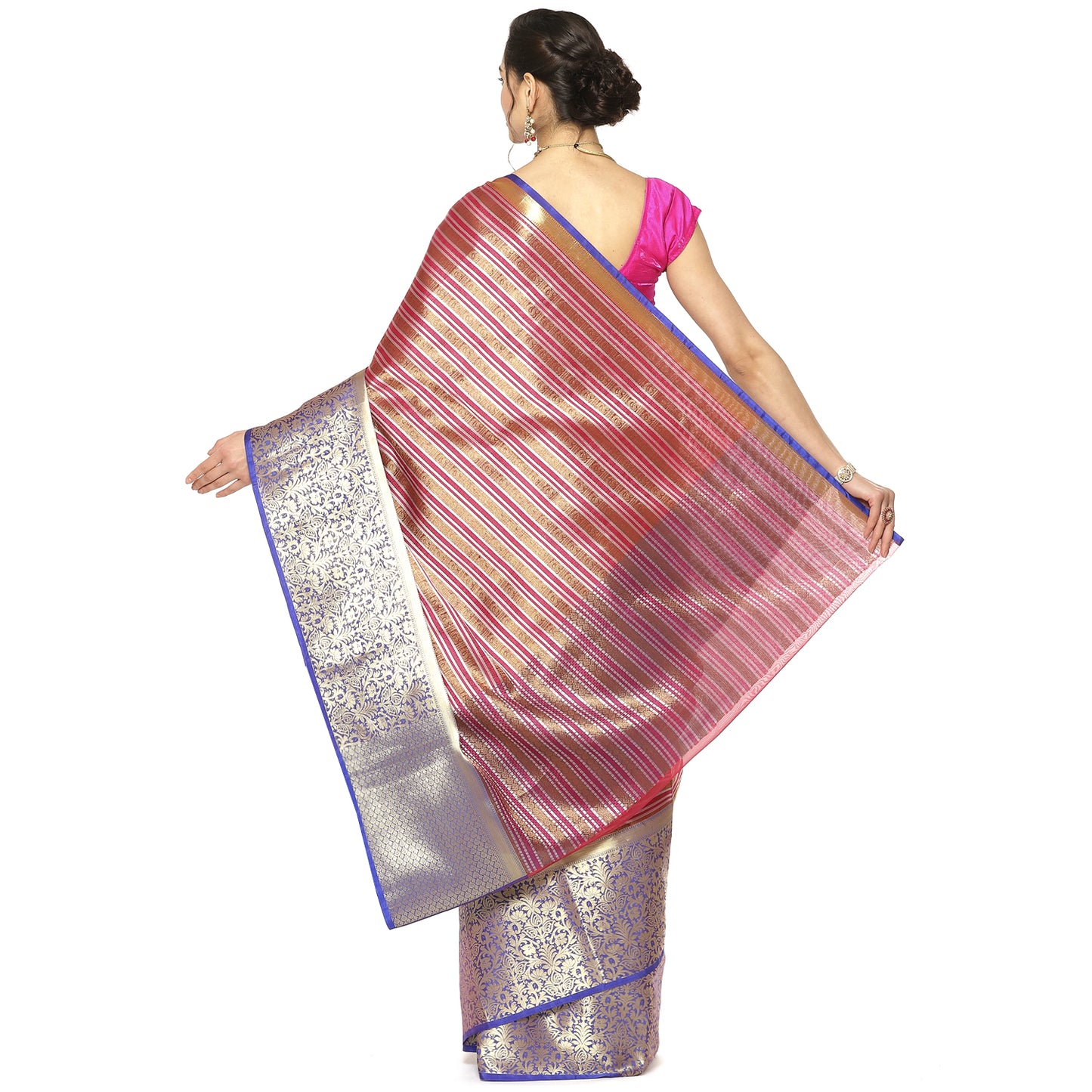 Faishana Presents Red Zari Strip Kanchi Silk Tanchoi Brocade Contrast Purple Skirt Border Banarasi Saree
