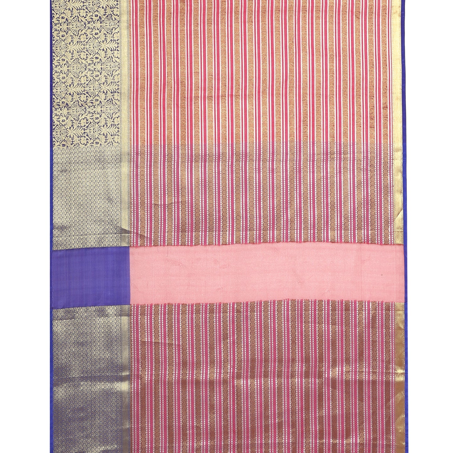 Faishana Presents Red Zari Strip Kanchi Silk Tanchoi Brocade Contrast Purple Skirt Border Banarasi Saree