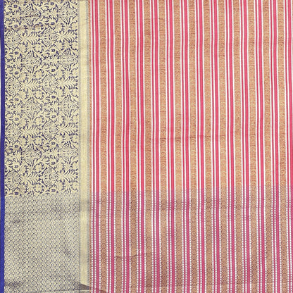 Faishana Presents Red Zari Strip Kanchi Silk Tanchoi Brocade Contrast Purple Skirt Border Banarasi Saree