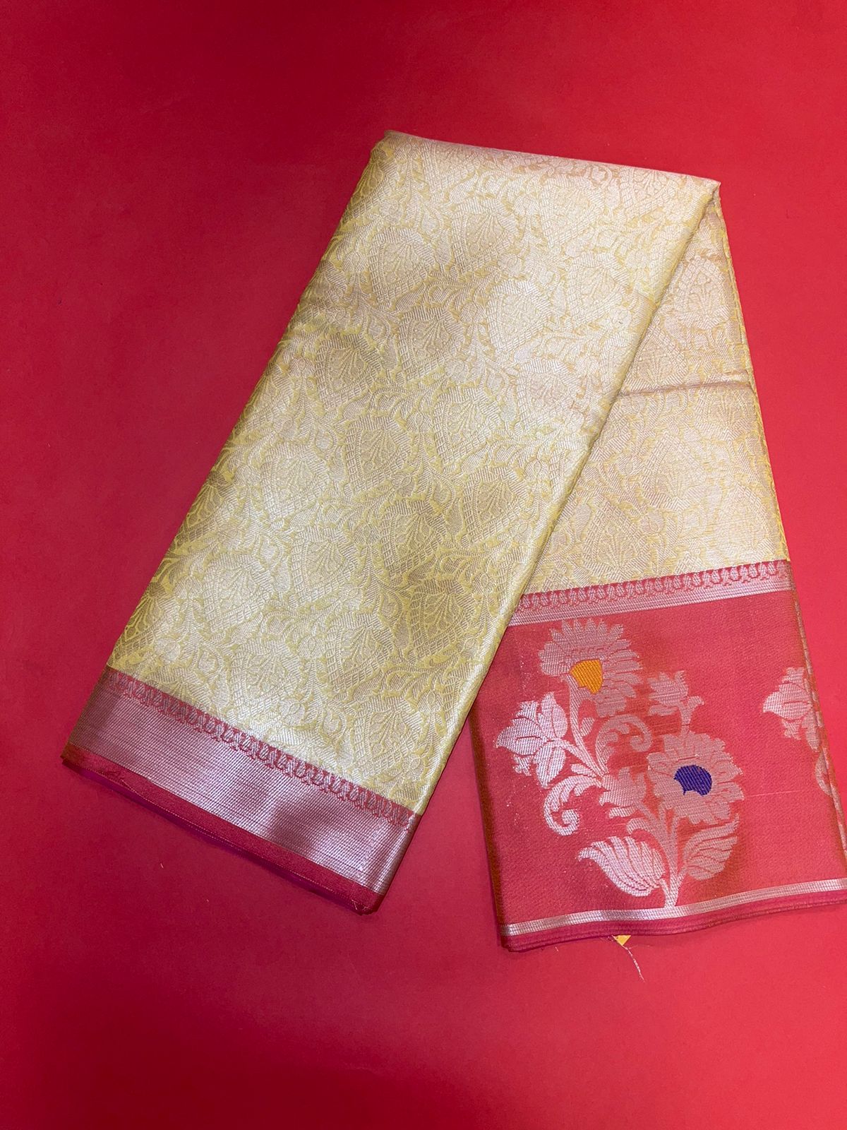 Faishana Presents Gold Silver Zari Kanchi Silk Tanchoi Brocade Contrast Peach Skirt Meena Border Banarasi Saree