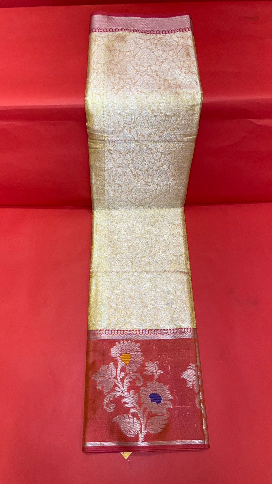Faishana Presents Gold Silver Zari Kanchi Silk Tanchoi Brocade Contrast Peach Skirt Meena Border Banarasi Saree
