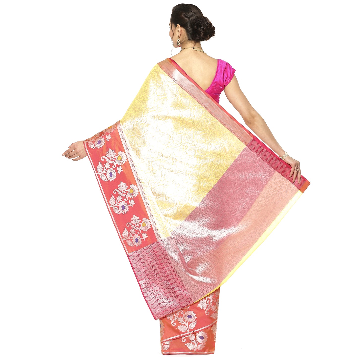 Faishana Presents Gold Silver Zari Kanchi Silk Tanchoi Brocade Contrast Peach Skirt Meena Border Banarasi Saree