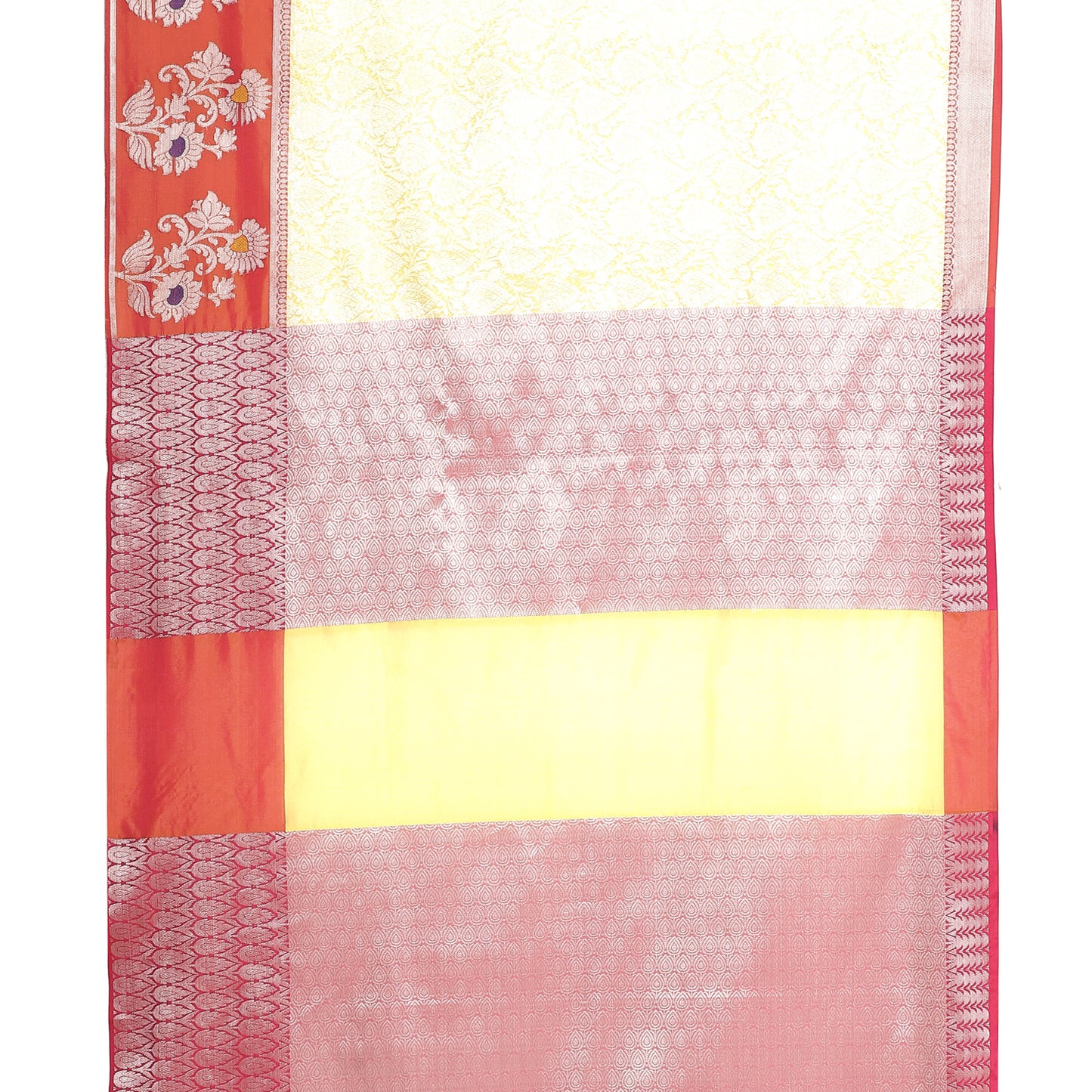 Faishana Presents Gold Silver Zari Kanchi Silk Tanchoi Brocade Contrast Peach Skirt Meena Border Banarasi Saree