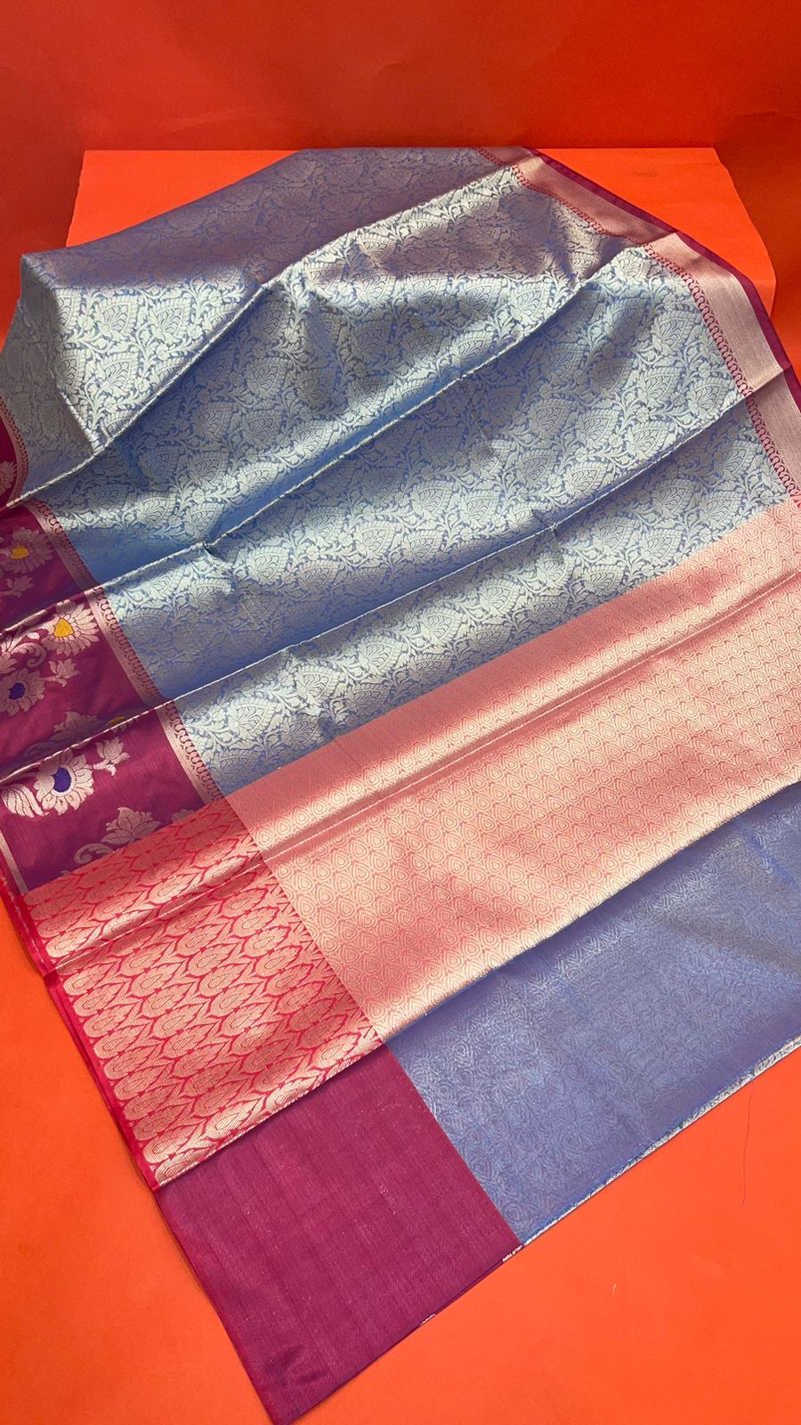 Faishana Presents Blue Silver Zari Kanchi Silk Tanchoi Brocade Contrast Magenta Skirt Meena Border Banarasi Saree