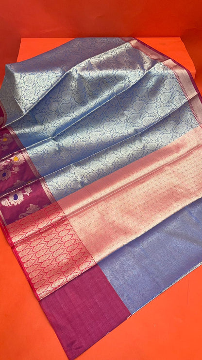 Faishana Presents Blue Silver Zari Kanchi Silk Tanchoi Brocade Contrast Magenta Skirt Meena Border Banarasi Saree