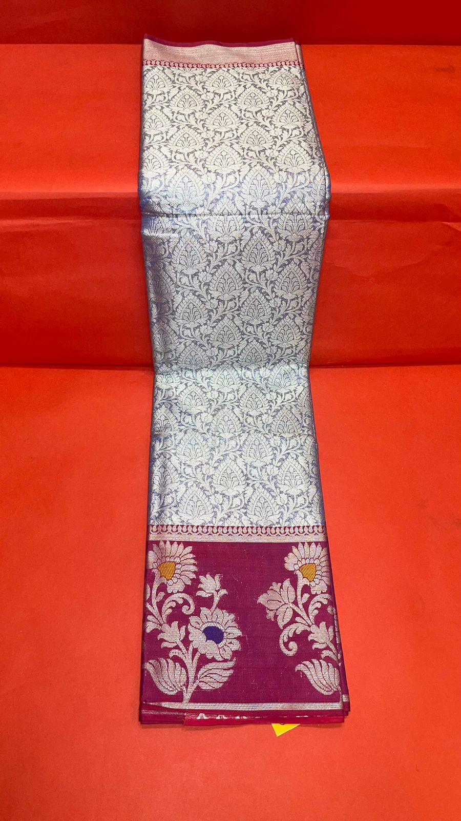 Faishana Presents Blue Silver Zari Kanchi Silk Tanchoi Brocade Contrast Magenta Skirt Meena Border Banarasi Saree