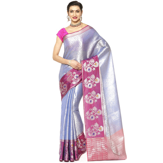 Faishana Presents Blue Silver Zari Kanchi Silk Tanchoi Brocade Contrast Magenta Skirt Meena Border Banarasi Saree