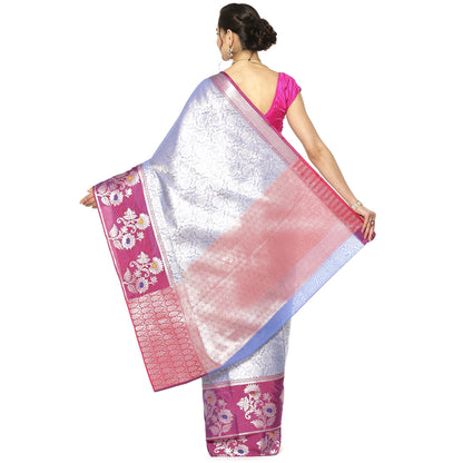 Faishana Presents Blue Silver Zari Kanchi Silk Tanchoi Brocade Contrast Magenta Skirt Meena Border Banarasi Saree