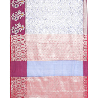 Faishana Presents Blue Silver Zari Kanchi Silk Tanchoi Brocade Contrast Magenta Skirt Meena Border Banarasi Saree