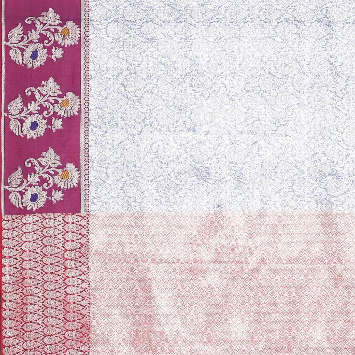 Faishana Presents Blue Silver Zari Kanchi Silk Tanchoi Brocade Contrast Magenta Skirt Meena Border Banarasi Saree