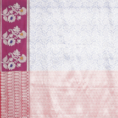 Faishana Presents Blue Silver Zari Kanchi Silk Tanchoi Brocade Contrast Magenta Skirt Meena Border Banarasi Saree