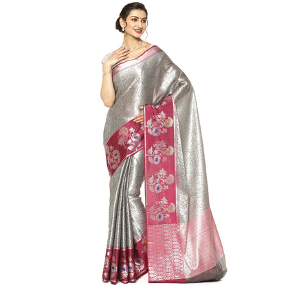 Faishana Presents Grey Silver Zari Kanchi Silk Tanchoi Brocade Contrast Pink Skirt Meena Border Banarasi Saree