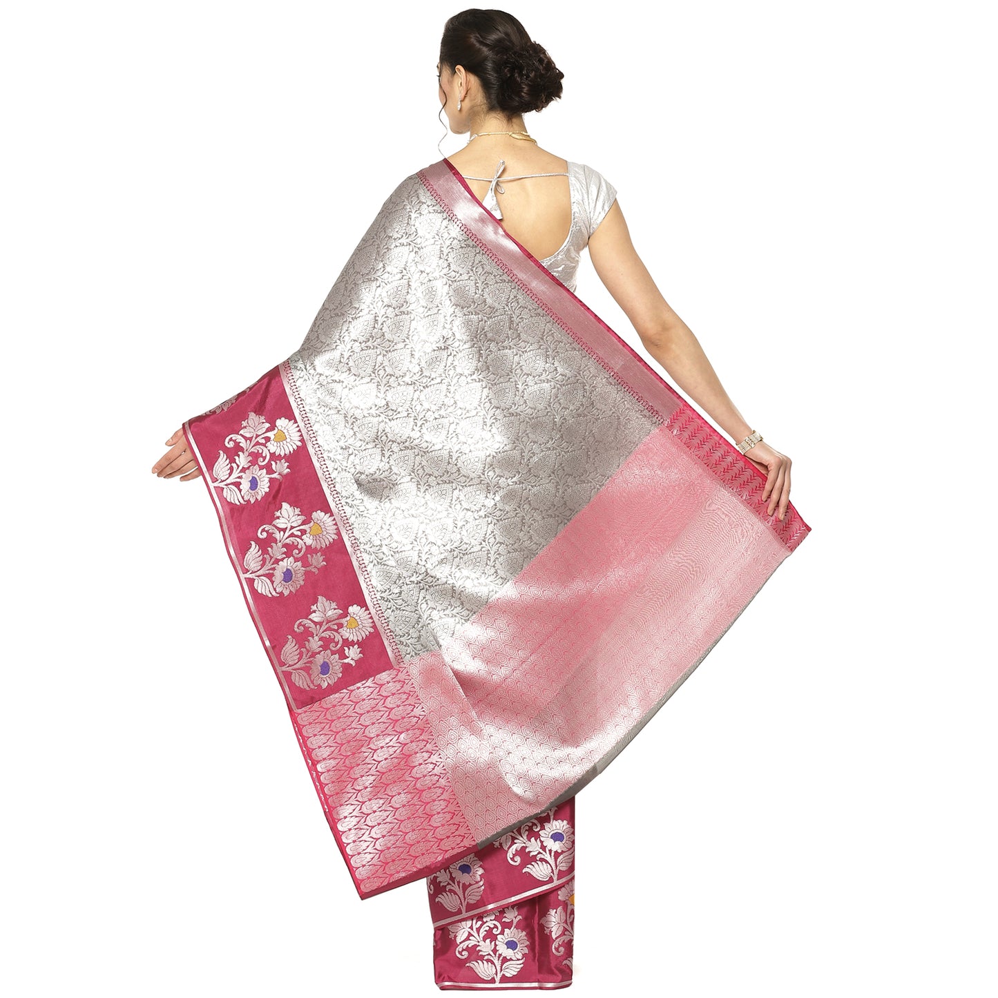 Faishana Presents Grey Silver Zari Kanchi Silk Tanchoi Brocade Contrast Pink Skirt Meena Border Banarasi Saree