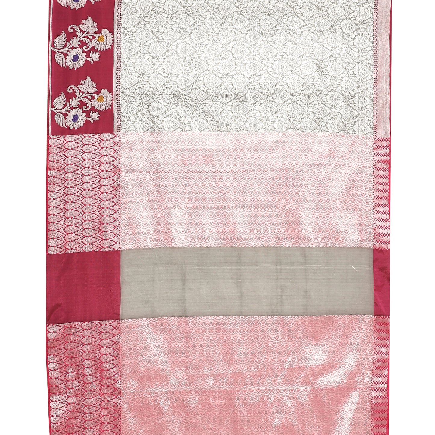 Faishana Presents Grey Silver Zari Kanchi Silk Tanchoi Brocade Contrast Pink Skirt Meena Border Banarasi Saree