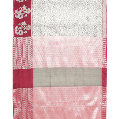 Faishana Presents Grey Silver Zari Kanchi Silk Tanchoi Brocade Contrast Pink Skirt Meena Border Banarasi Saree