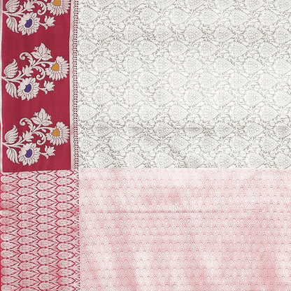 Faishana Presents Grey Silver Zari Kanchi Silk Tanchoi Brocade Contrast Pink Skirt Meena Border Banarasi Saree