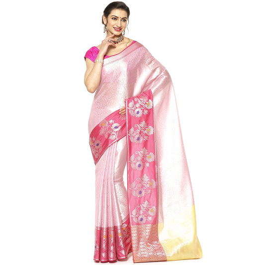 Faishana Presents Pink Silver Zari Kanchi Silk Tanchoi Brocade Contrast Pink Skirt Meena Border Banarasi Saree
