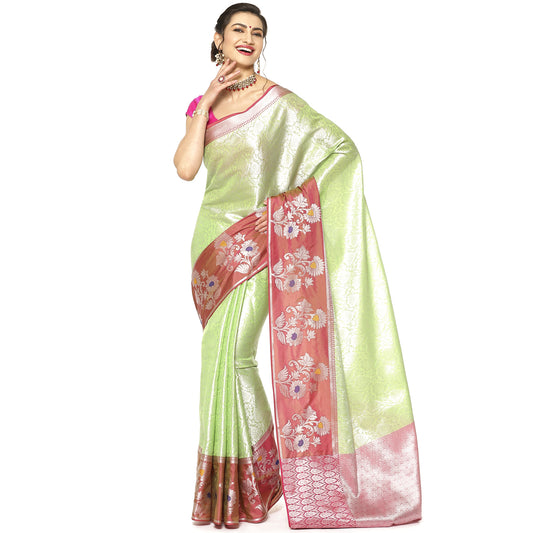 Faishana Presents Green Silver Zari Kanchi Silk Tanchoi Brocade Contrast Maroon Skirt Meena Border Banarasi Saree