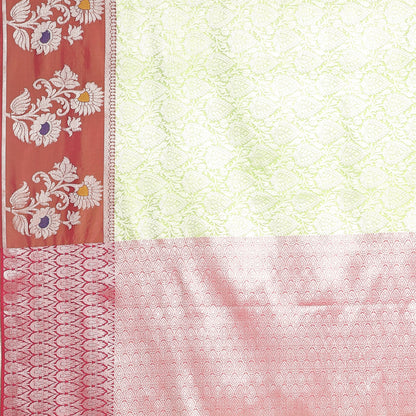 Faishana Presents Green Silver Zari Kanchi Silk Tanchoi Brocade Contrast Maroon Skirt Meena Border Banarasi Saree