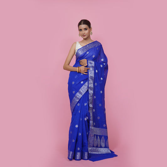 Semi Gorgette Magenta Water Zari Kiaru Boota Banarasi Border Saree