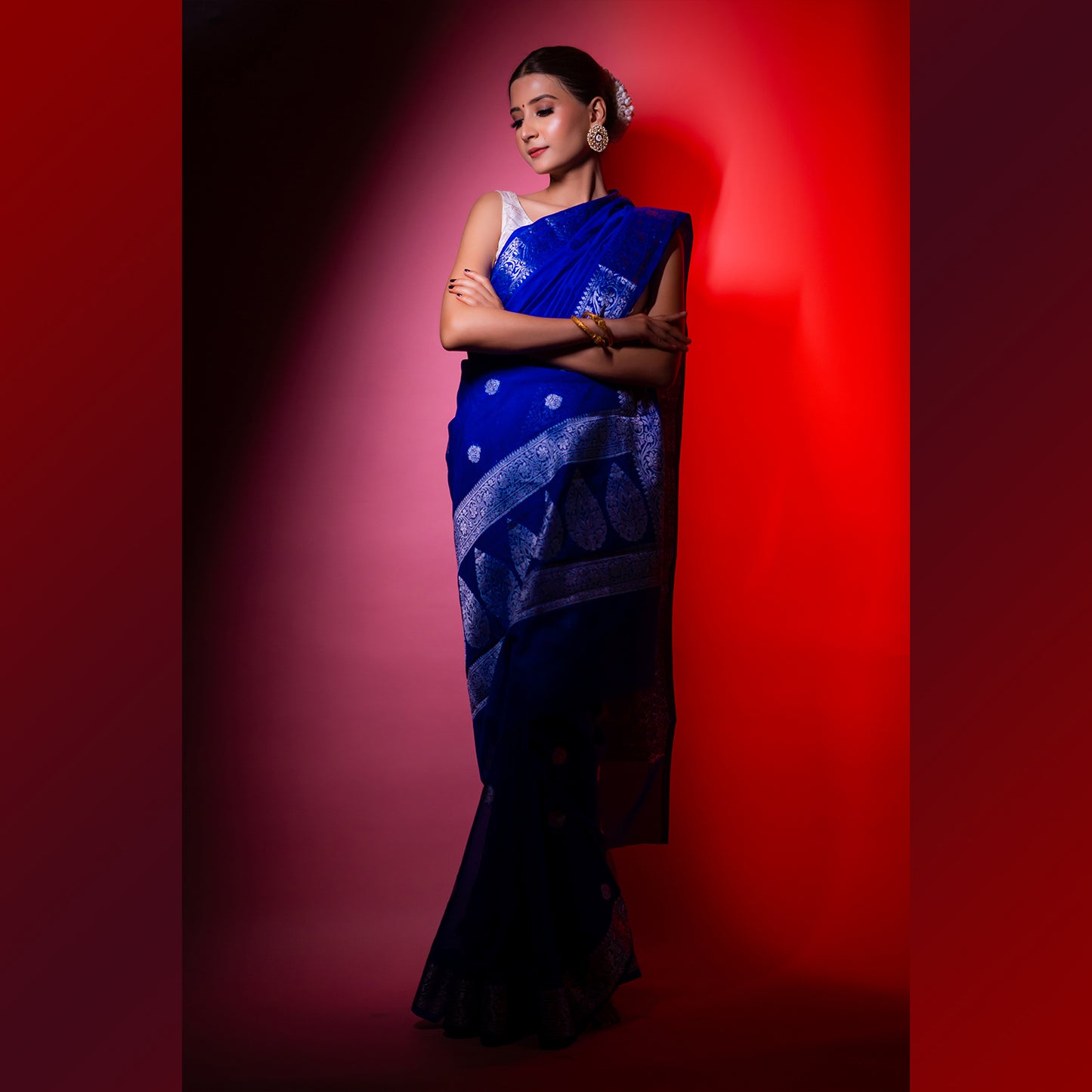 Semi Gorgette Magenta Water Zari Kiaru Boota Banarasi Border Saree