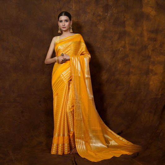 Warm Silk Dark Gold Color Gap Border With Strip Banarasi Gap Border Saree