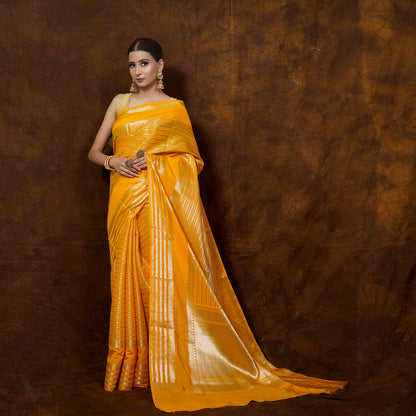 Warm Silk Dark Gold Color Gap Border With Strip Banarasi Gap Border Saree