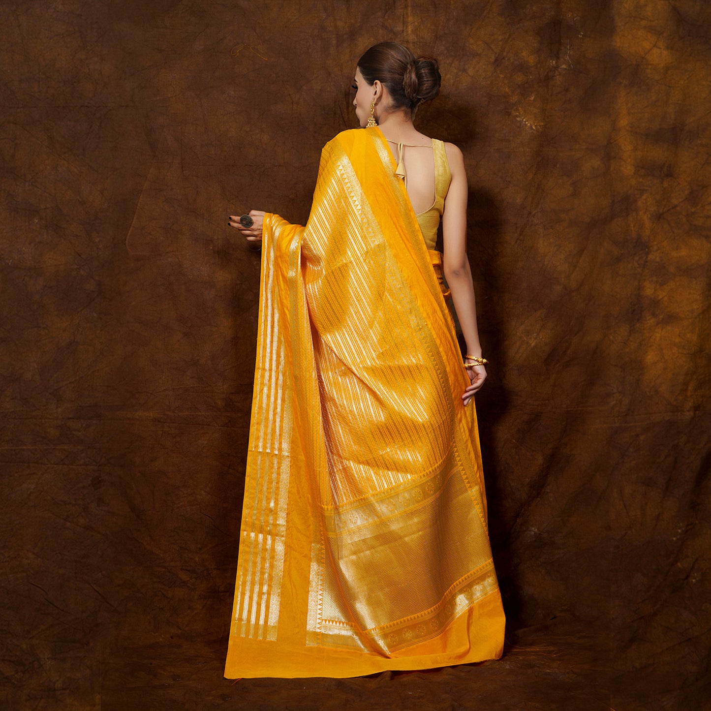 Warm Silk Dark Gold Color Gap Border With Strip Banarasi Gap Border Saree