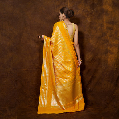 Warm Silk Dark Gold Color Gap Border With Strip Banarasi Gap Border Saree